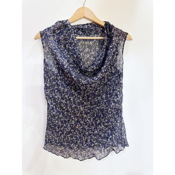 THEORY Silk Multicolor Sheer Blue Black Sleeveless Cowl Neck Top Small - Picture 1 of 6